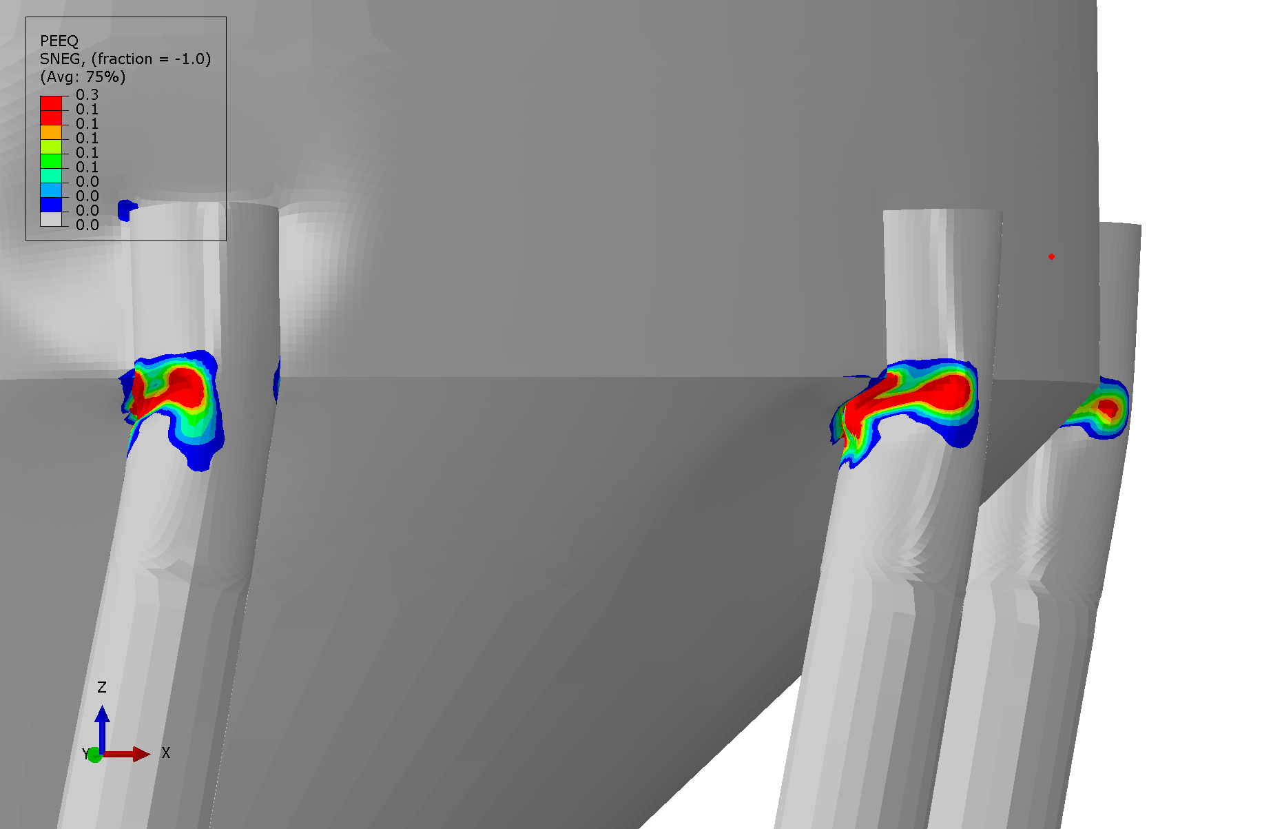 PEEQ detail — maximum at column-brace buckling